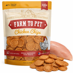 Farm To Pet paquete frontal mostrando Chicken Chips, confianza en un ingrediente