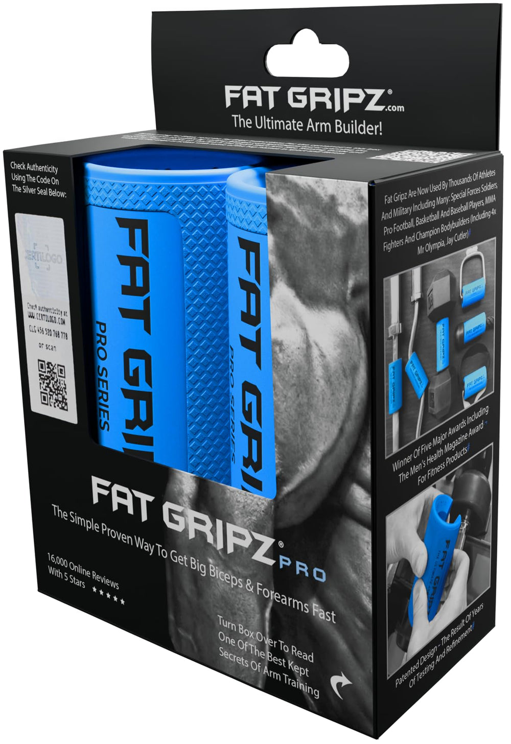 Fat Gripz frente del paquete mostrando producto y marca, mejora del agarre