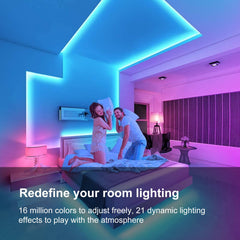 FBY tiras LED iluminando un dormitorio con colores RGB para ambiente relajante