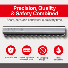 Primer plano de hoja Feather mostrando filo preciso y beneficio de cortes suaves