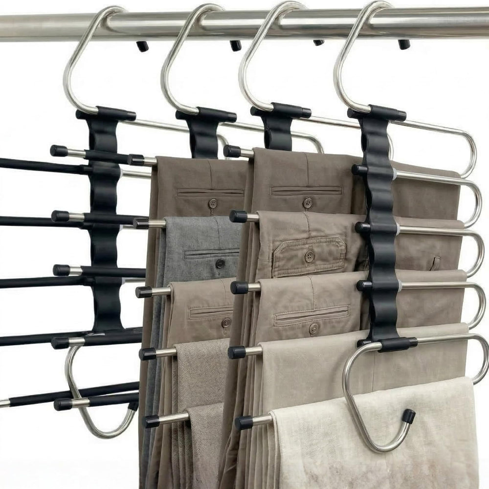 FeeraHozer vista frontal del perchero mostrando 5 niveles y capacidad para pantalones