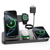 Feiltik estación frontal mostrando dos iPhone cargando y Apple Watch organizada