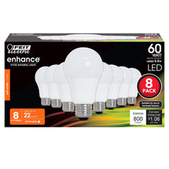 Feit Electric pack de ocho A19 mostrando el frente y ahorro energético