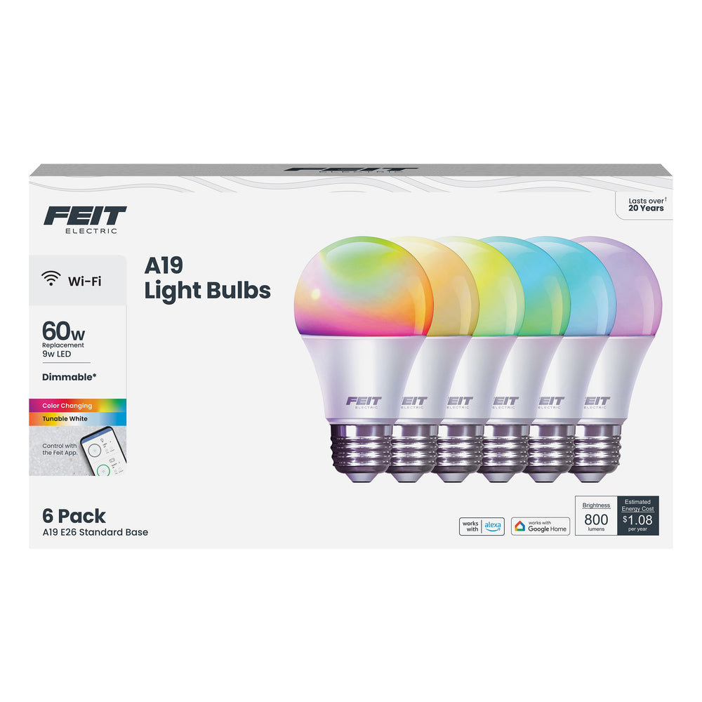 Feit Electric paquete frontal de 6 bombillas mostrando variedad y ahorro