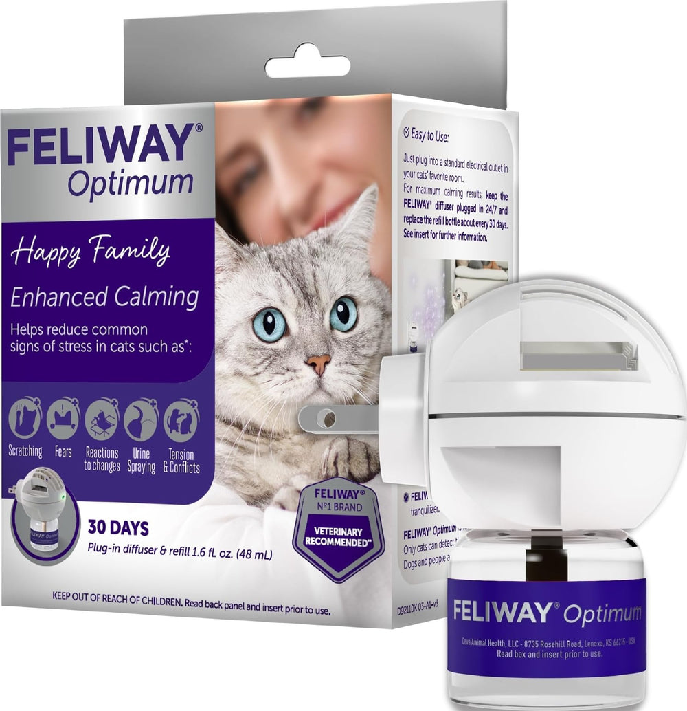 FELIWAY Optimum difusor y caja frontal mostrando el kit y facilidad de uso