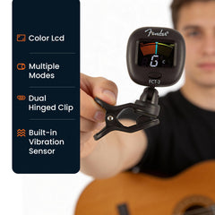 Fender FCT-2 sujeto al clavijero de una guitarra, afinación estable