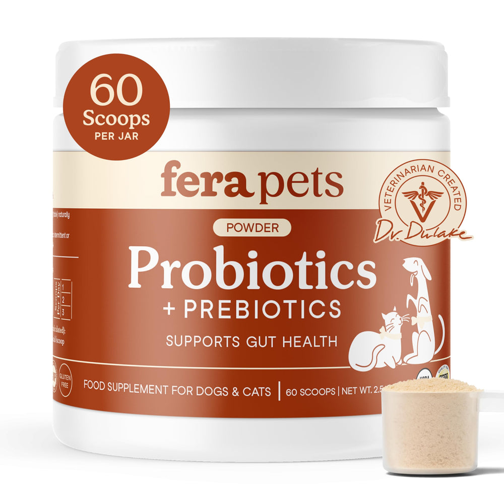 Fera Pets frasco frontal mostrando etiqueta y beneficios del probiótico