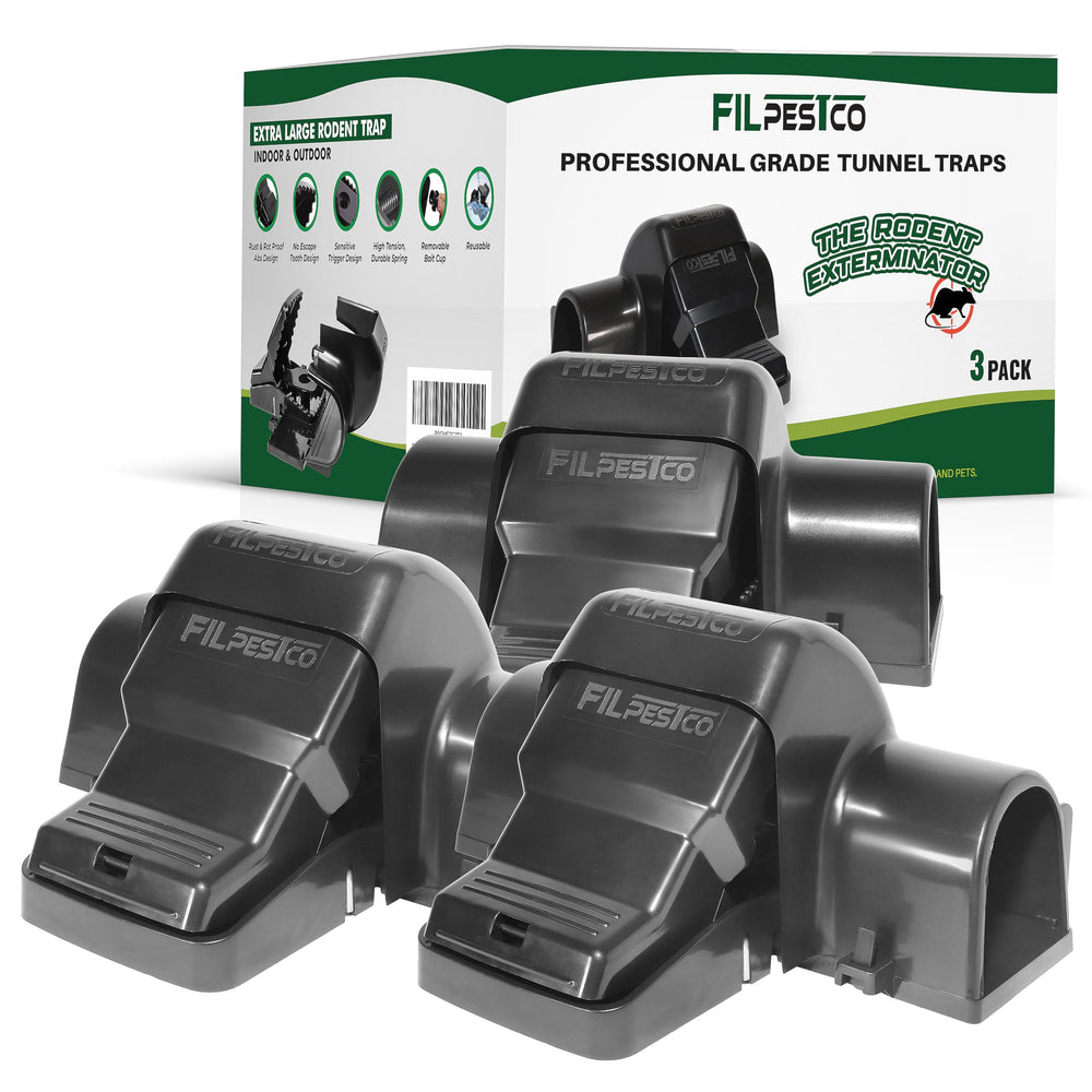 Filpestco front view of three-pack tunnel traps showing safe covered jaws and secure design