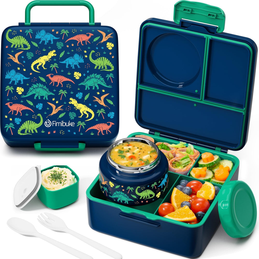 Fimibuke conjunto completo mostrando caja bento y termo, práctico para llevar