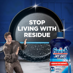 Detalle de la etiqueta Finish Jet‑Dry con instrucciones claras y beneficios