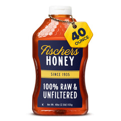 Fischer’s botella frontal 40 oz mostrando envase exprimible y sello de miel cruda
