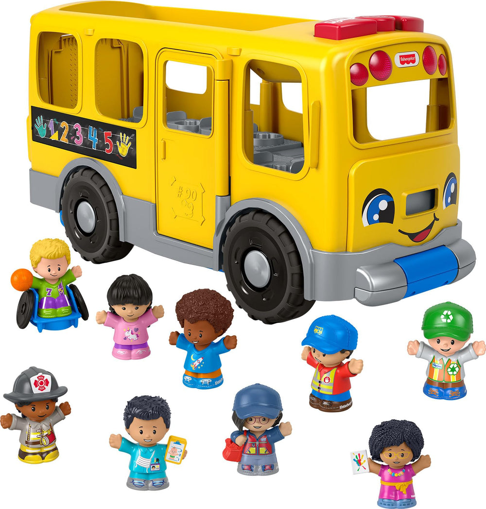 Fisher-Price autobús frontal mostrando diseño robusto y capacidad para múltiples figuras