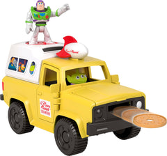 Fisher-Price camión Pizza Planet frontal mostrando decoración y ruedas, ideal para juego activo