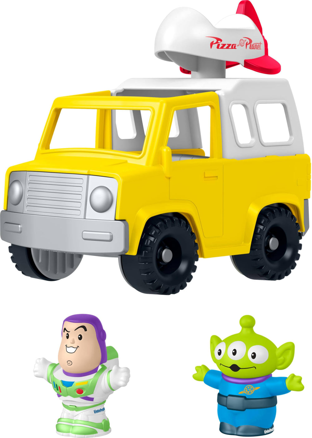 Fisher-Price camión Pizza Planet frontal mostrando diseño y ruedas, ideal para juego activo