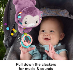 Fisher-Price mono sujeto al cochecito mostrando cómo entretiene al bebé fuera de casa