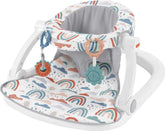 Fisher-Price Sit-Me-Up vista frontal con patrón Rainbow Showers, soporte cómodo