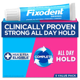 Fixodent frente del tubo mostrando marca y presentación, mayor confianza