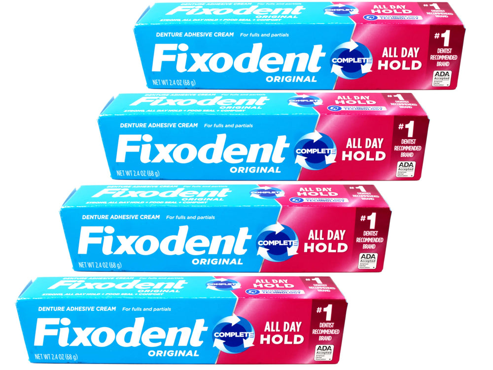 Fixodent presentación frontal mostrando tubos y beneficios de sujeción