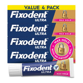 Fixodent frente del empaque mostrando los cuatro tubos y confianza