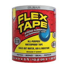 Flex Tape empaque frontal mostrando rollo transparente y medidas, solución de sellado inmediato