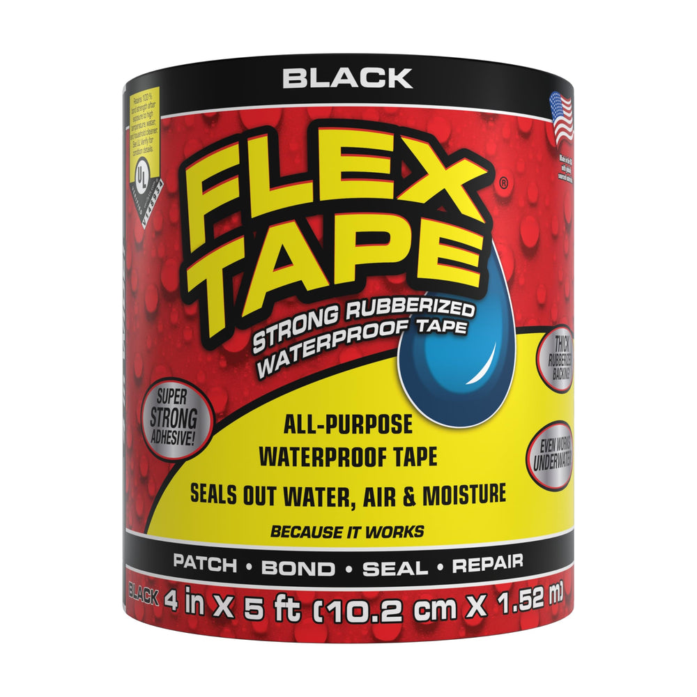 Flex Tape frente del empaque mostrando tamaño y color negro, solución rápida