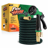 Flexi Hose vista frontal del empaque mostrando 100FT y colores negro verde