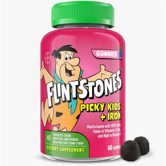 Flintstones Vitamins frente del empaque mostrando 60 gomitas y sabor uva, facilidad de uso