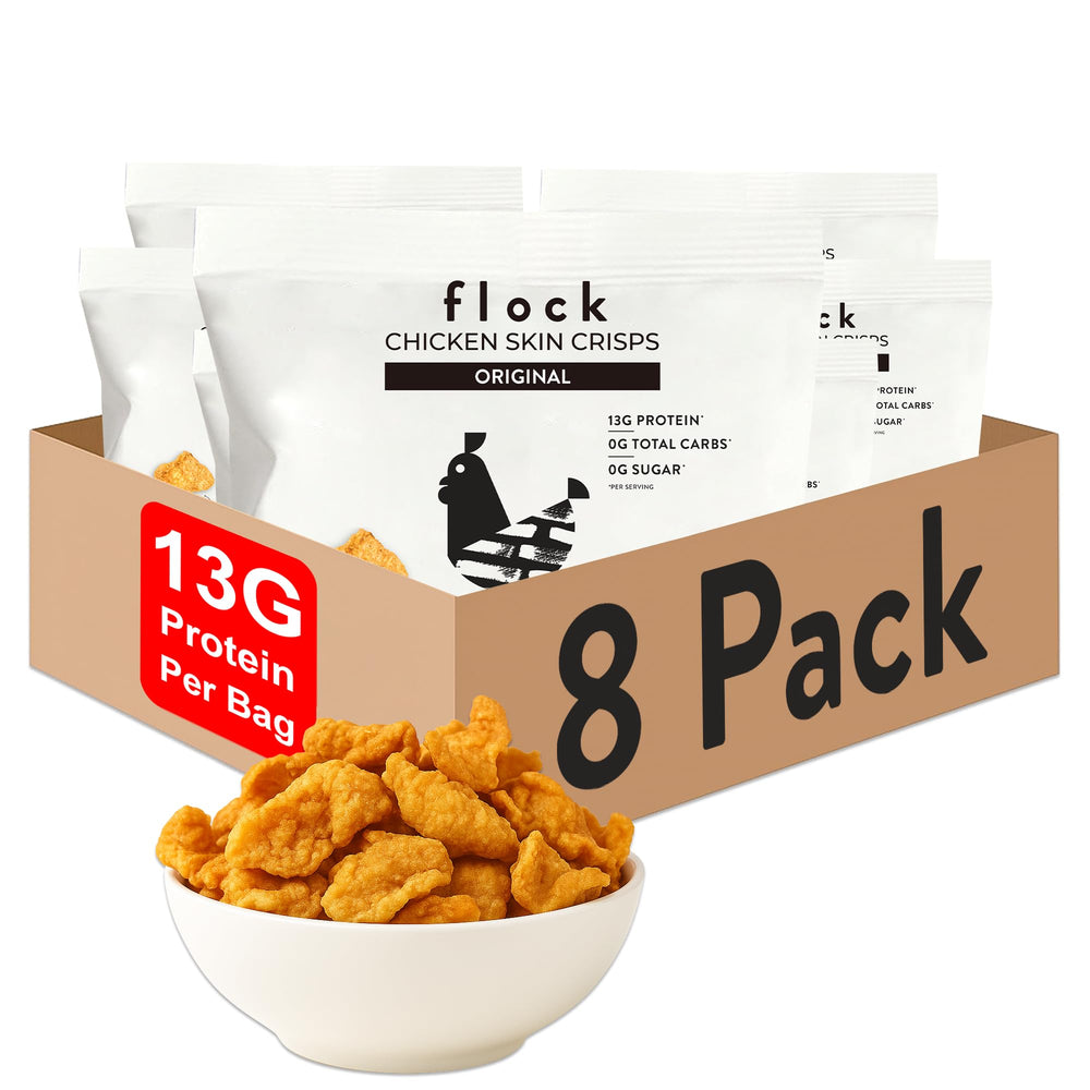 Flock paquete frontal mostrando chips de piel de pollo y etiqueta clara, ideal para keto