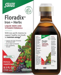 Floradix envase frontal mostrando la botella y beneficios naturales