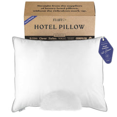 FluffCo almohada Zen Fluff frontal mostrando funda y tamaño queen, comodidad inmediata