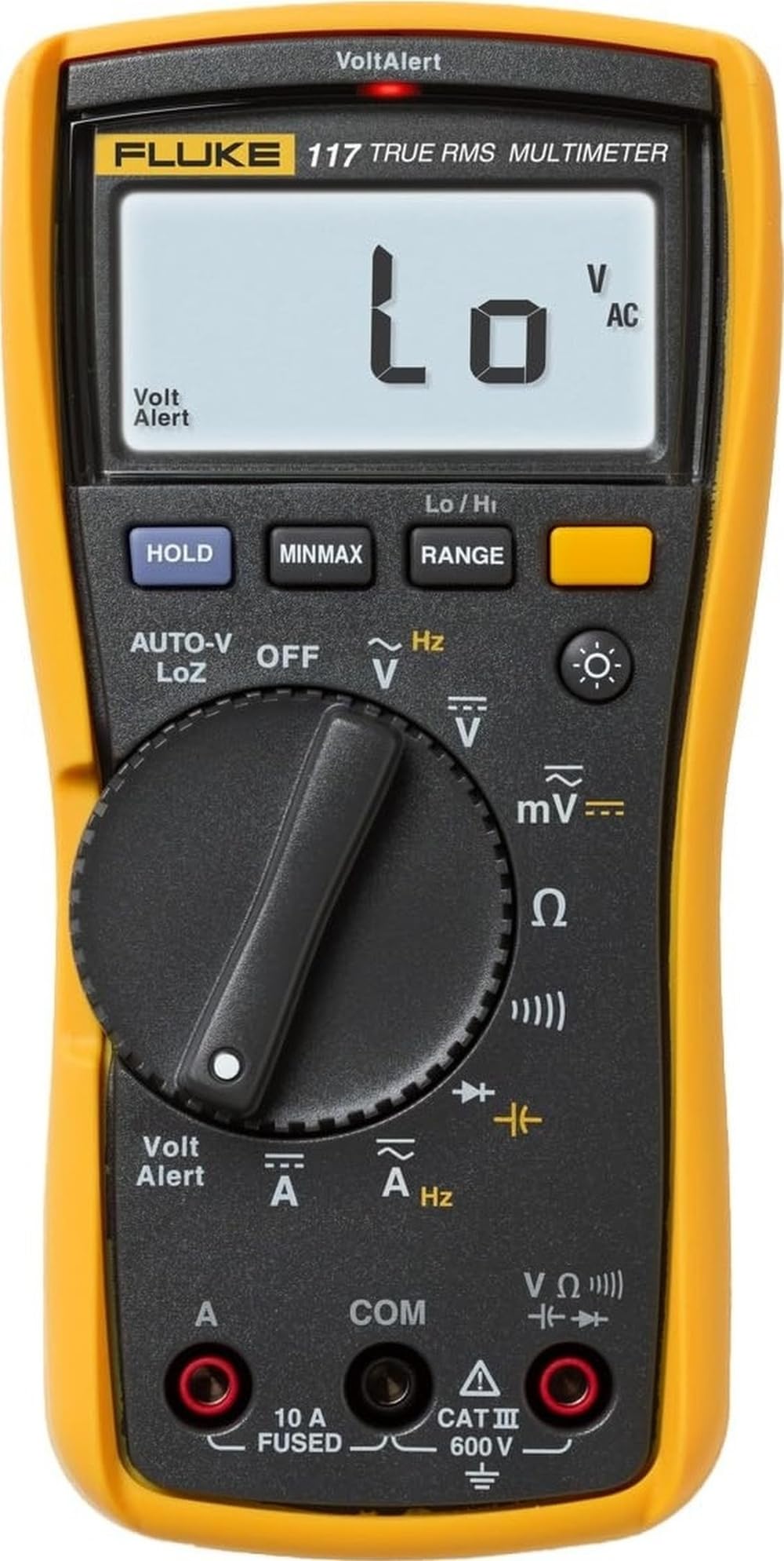 Fluke 117 vista frontal mostrando pantalla y mando, precisión profesional