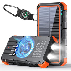 fmooostore vista frontal del power bank naranja, diseño resistente