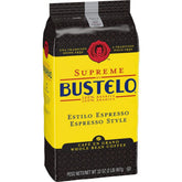 Folgers Supreme Bustelo frontal del paquete mostrando 32 oz y atractivo visual, resalta conveniencia