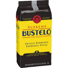 Folgers Supreme Bustelo frontal del paquete mostrando 32 oz y atractivo visual, resalta conveniencia