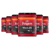 Folgers Black Silk frente del bote mostrando sello AromaSeal y conveniencia
