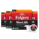Folgers Black Silk empaque frontal mostrando 128 cápsulas y conveniencia