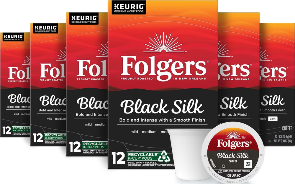 Folgers Black Silk frente del empaque mostrando 72 cápsulas y conveniencia