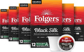 Folgers Black Silk frente del empaque mostrando 72 cápsulas y conveniencia