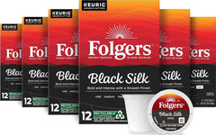 Folgers Black Silk frente del empaque mostrando 72 cápsulas y conveniencia