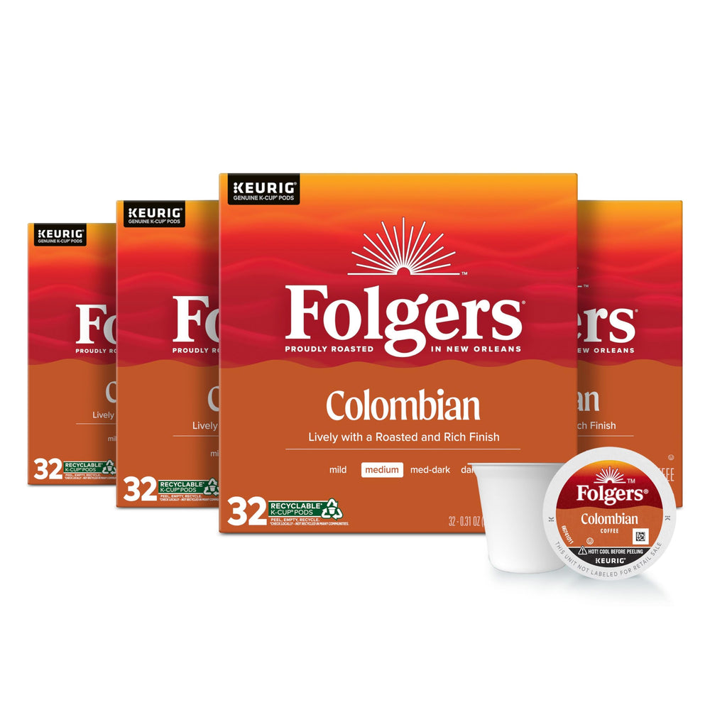 Folgers paquete frontal de 128 cápsulas mostrando formato bulk y conveniencia