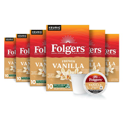 Folgers empaque frontal mostrando French Vanilla y conteo de 60 cápsulas, ideal para ahorro