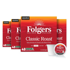 Folgers paquete frontal K-Cup mostrando 192 cápsulas y conveniencia