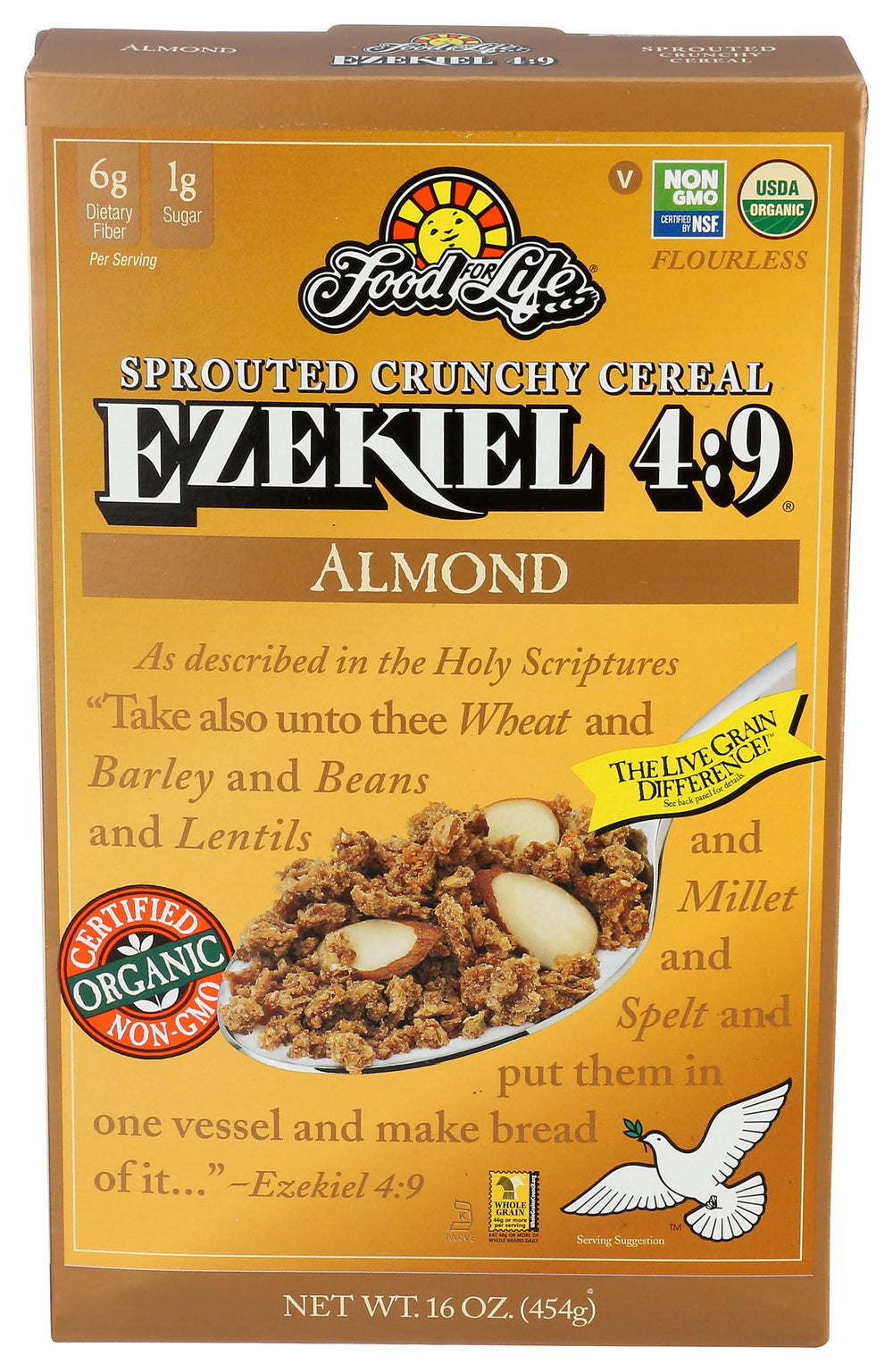 Food for Life frente del empaque mostrando el cereal almendra y beneficios