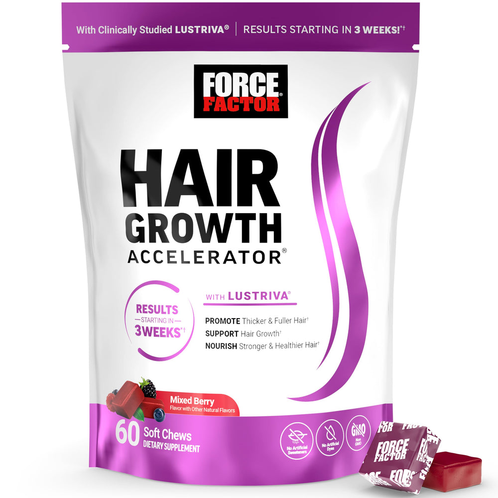 Force Factor frente del paquete mostrando masticables y marca, atractivo y práctico