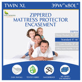 Four Seasons Essentials vista frontal del empaquetado que muestra protector Twin XL y beneficio de protección