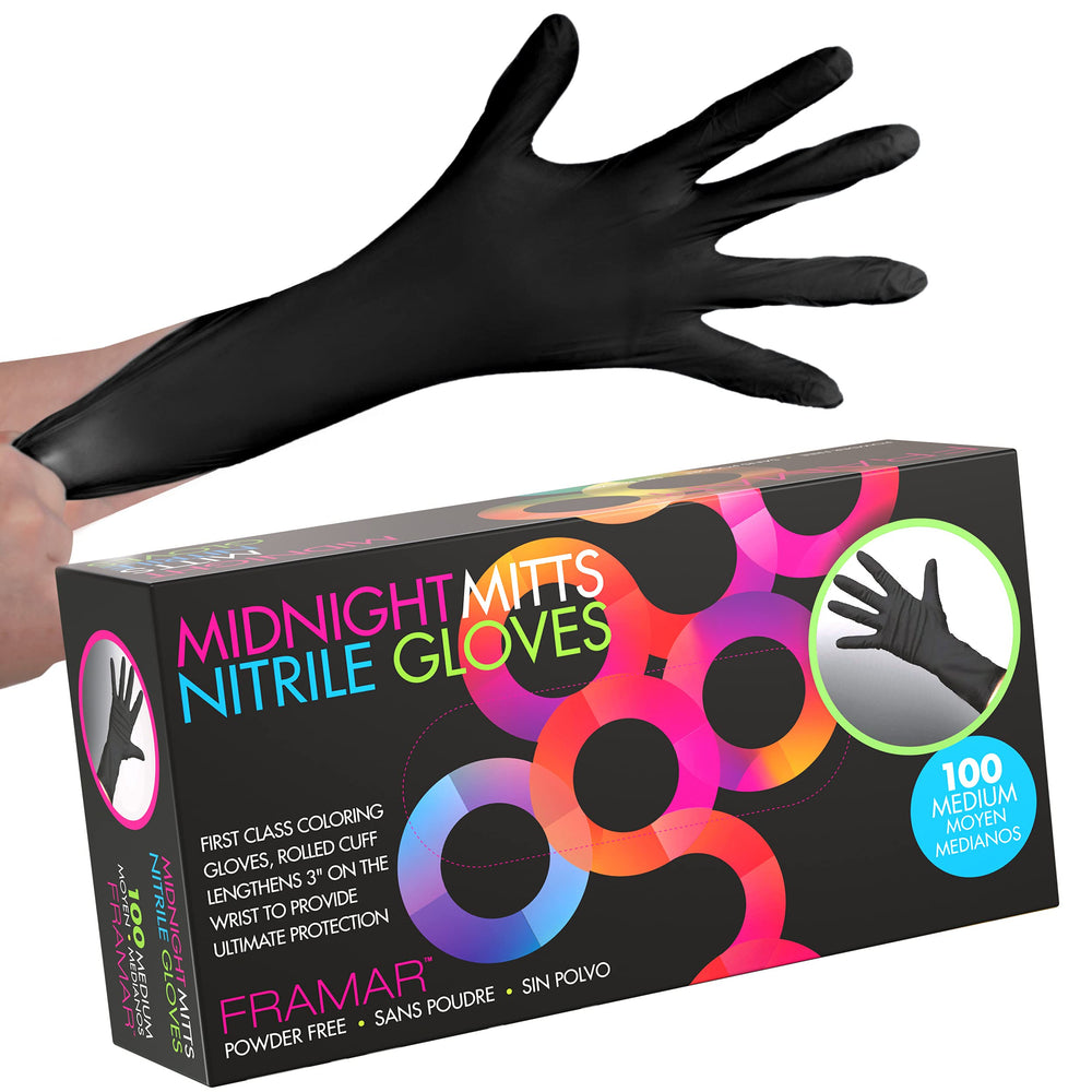 FRAMAR empaque frontal mostrando caja de 100 guantes negros y beneficio profesional