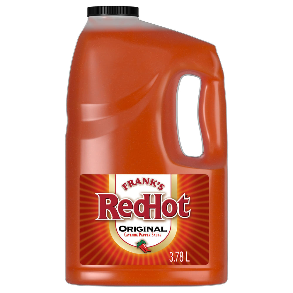 Frank's RedHot garrafón frente mostrando etiqueta y capacidad útil