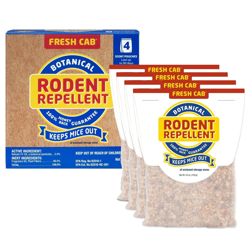 Fresh Cab front packaging showing four scent pouches and product branding benefit: ready-to-use deterrent