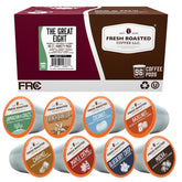 Fresh Roasted Coffee caja frente mostrando variedad de 96 cápsulas y beneficios