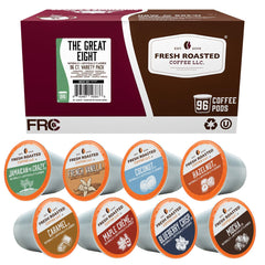 Fresh Roasted Coffee caja frente mostrando variedad de 96 cápsulas y beneficios